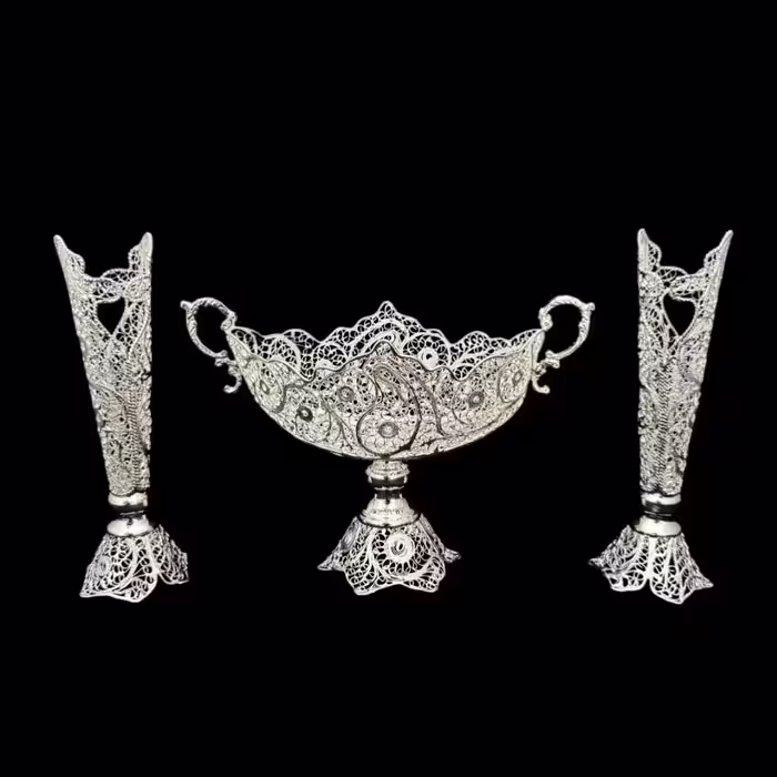 ظروف ملیله کاری  کشکول شماره 1 و گلدان قلمی 20 سانتی