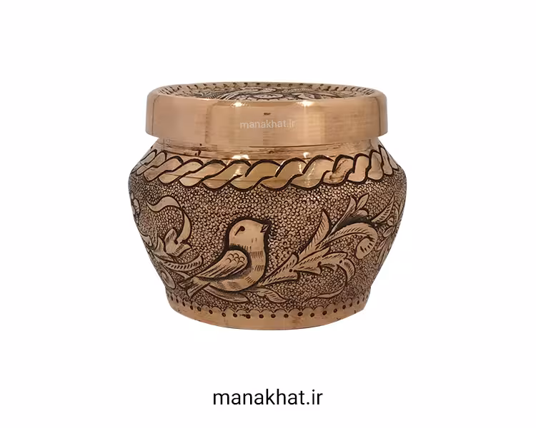 دوات مسی خوشنویسی خمره ای قلمزنی شده طرح گِرِه و مرغ