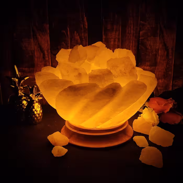 آباژور سنگ نمک مدل کاسه هلال دار ستاره ای پایه چوبی کد 401