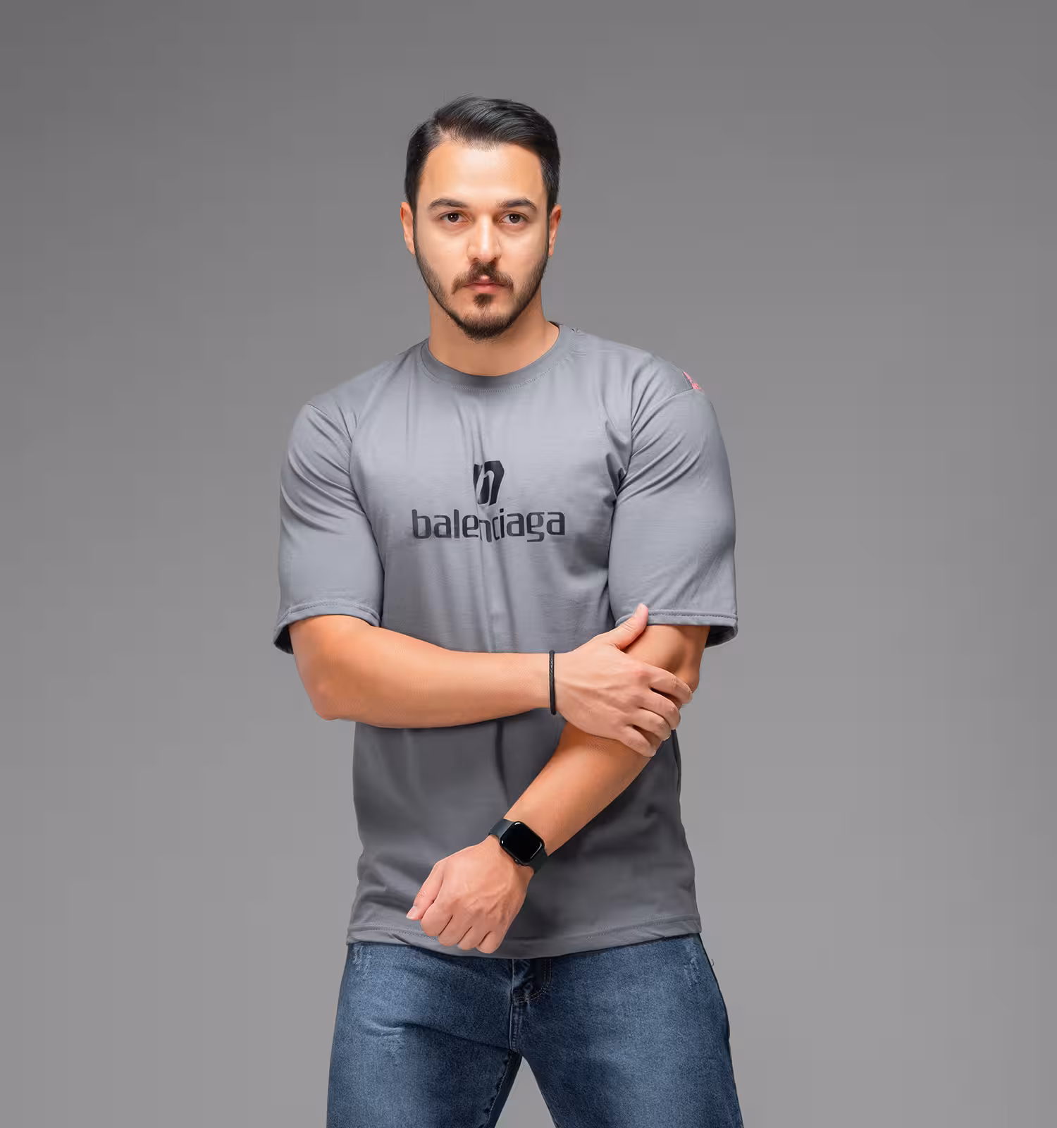 تیشرت BALENCIAGA یقه گرد مردانه نخ پنبه طوسی طرح دار