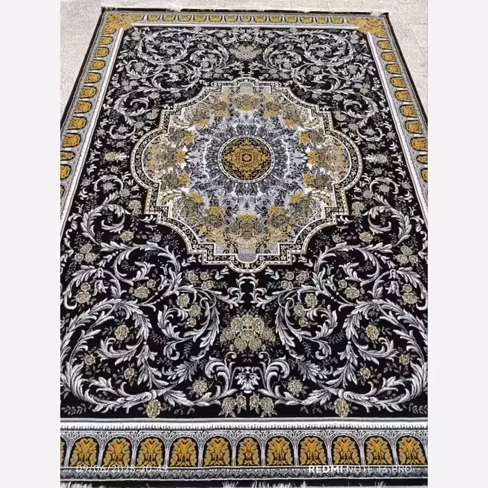 فرش ماشینی 9متری کاشان نقشه جدید باستان سرمه ایی طراحی وبافت زیبا