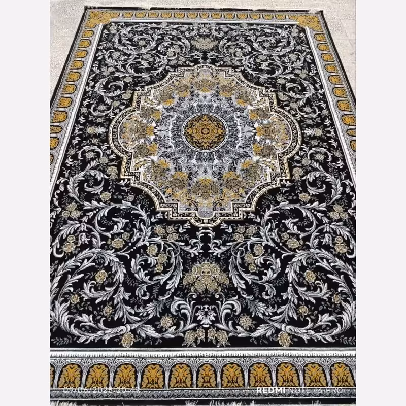 فرش ماشینی 9متری کاشان نقشه جدید باستان سرمه ایی طراحی وبافت زیبا