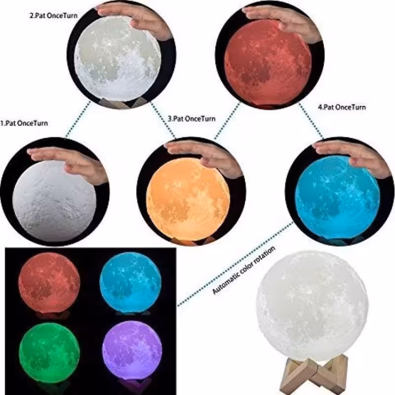 چراغ خواب کره ماه 7 رنگ با قابلیت تغییر رنگ به همراه پایه چوبی زیبا