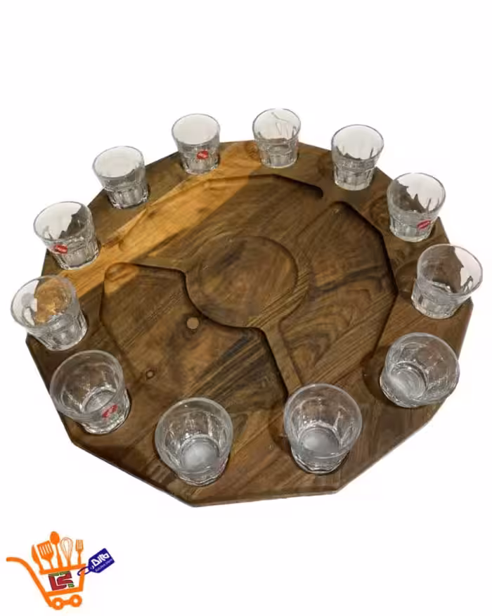 شات پلیت گردان 12 تایی شش ضلعی چوب گردو به همراه لیوان