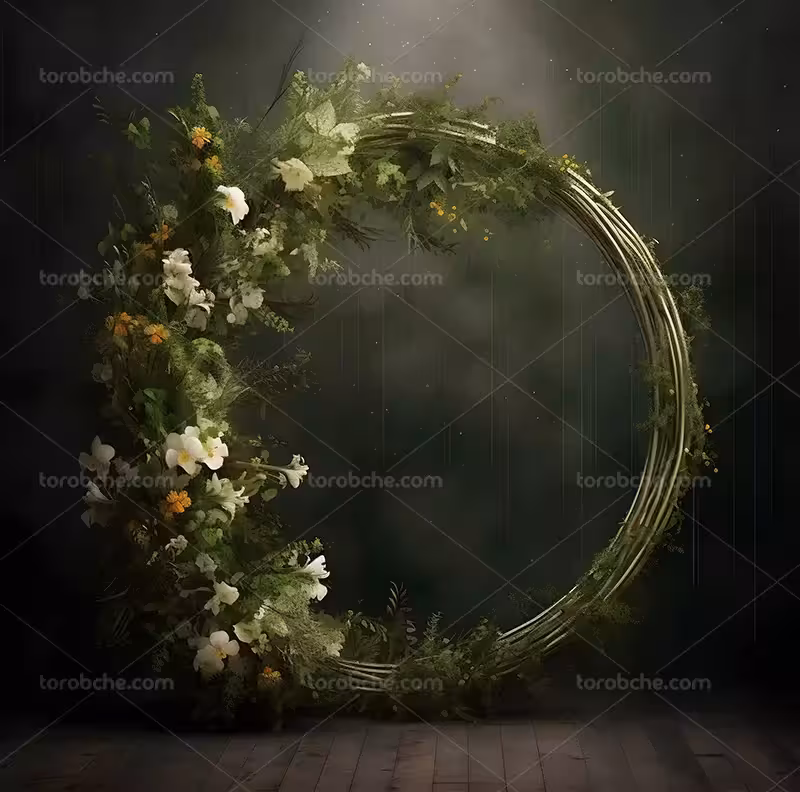 بک دراپ عکاسی حلقه گل عروس و داماد با برگ | گرافیک با طعم تربچه