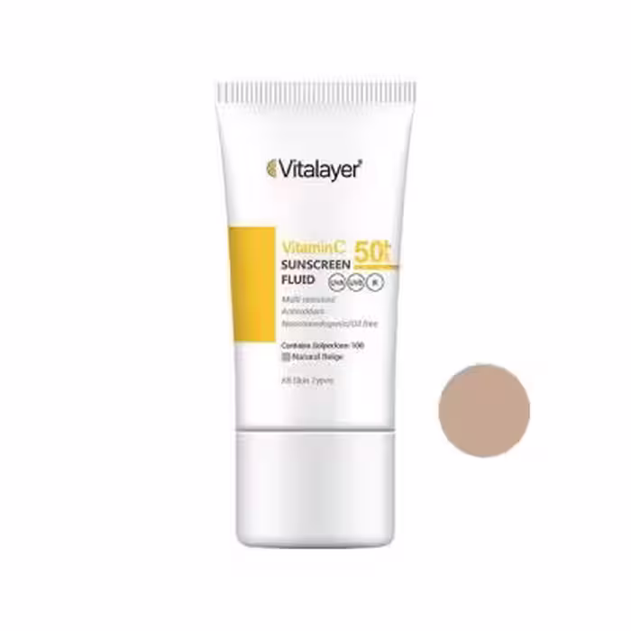 کرم ضد آفتاب رنگی ویتالیر، SPF 50، مدل ویتامین سی، ‌مناسب انواع پوست با تنالیته متوسط و حجم 50 میلی‌لیتر، ضد آب، مرطوب‌کننده، غیر کومدون‌زا، محافظت‌کننده در برابر اشعه‌های UVA و UVB، ویتامین C و آنتی اکسیدان، با ماندگاری 2 ساعته