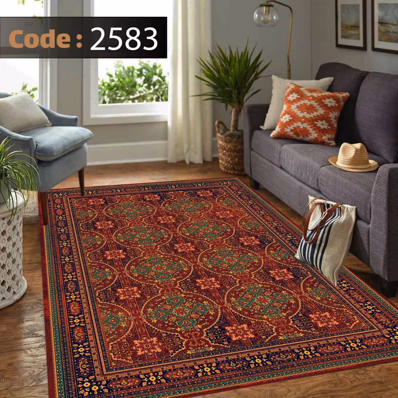 کاورفرش روفرشی دورکشدار گوشه لیفه ای لاکی ، آبی و متنوع کد 2583