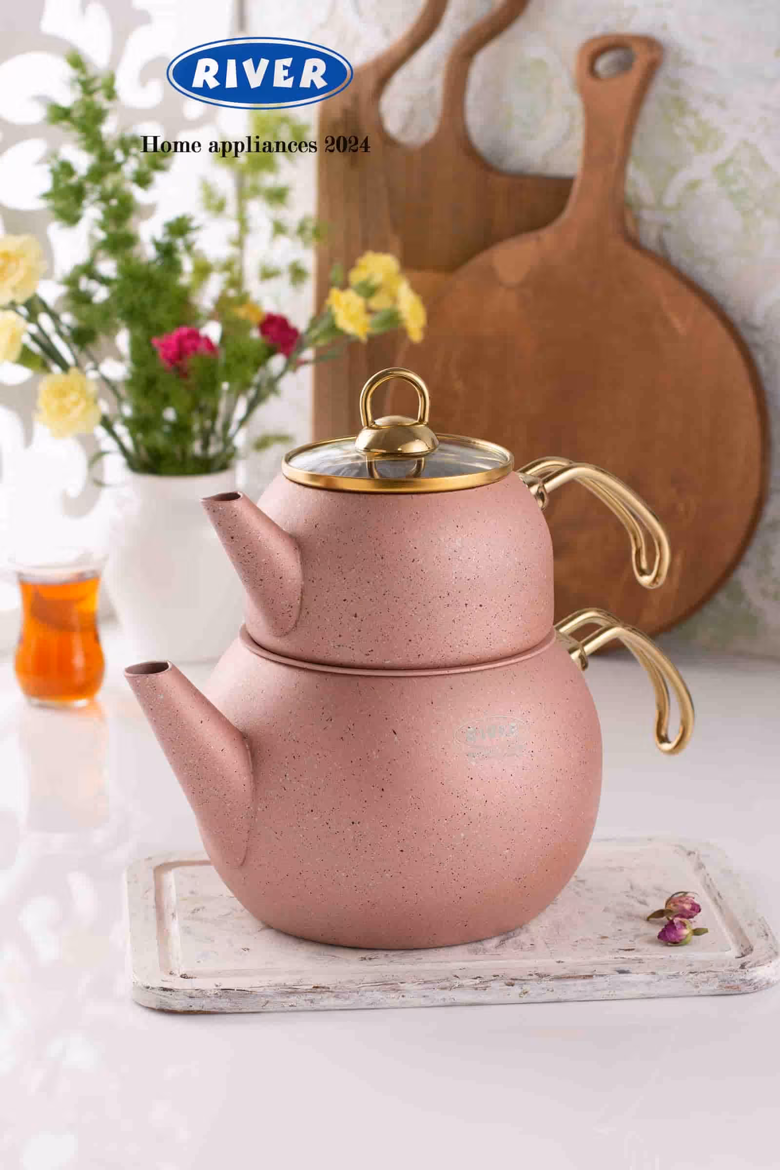 کتری قوری لوله دار 2/8 لیتر گرانیتی ریور RIVER رزگلد کد 5858