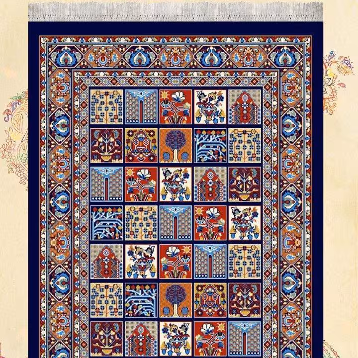 گلیم فرش ماشینی کاشان طرح خشتی سرمه ای3متری(1در3)(هزینه ارسال باخریداروپس کرایه میباشد)