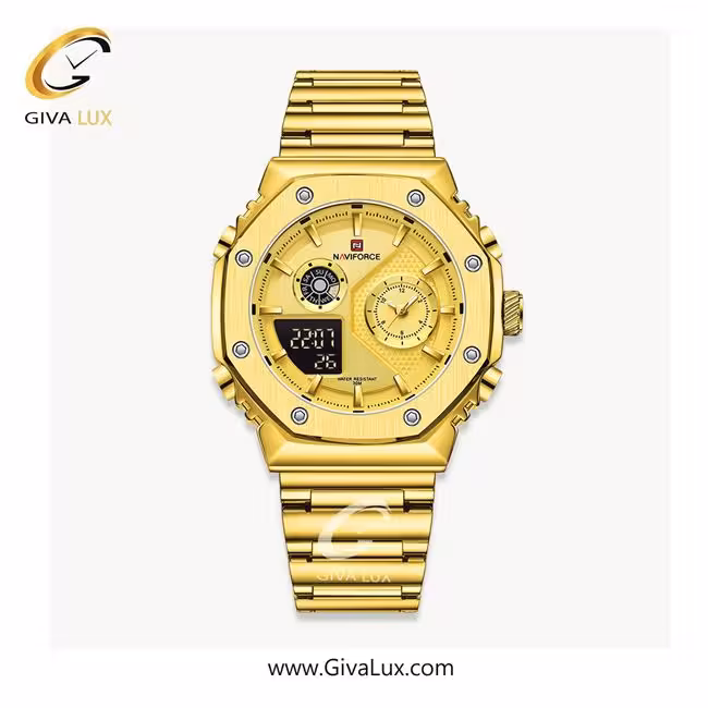 ساعت مچی اورجینال مردانه ناوی فورس|Naviforce|نوی فورس|نیوی فورس دو زمانه طلایی | طلایی| طلایی| کد رفرنس NF9216