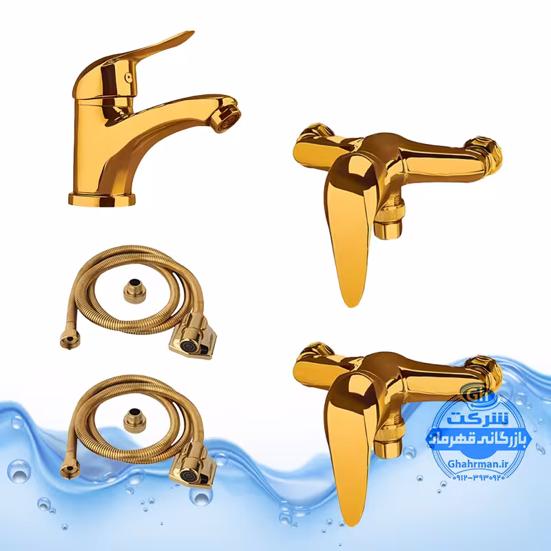 ست 5 عددی شیرآلات برند آیدا صنعت مدل قهرمان | 2 عدد شیر توالت   شیر روشویی   2 عدد شلنگ توالت | طلایی براق