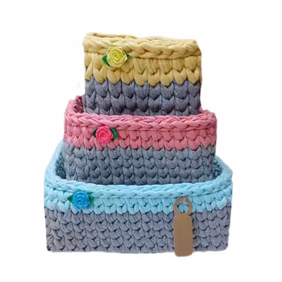 سبد قلاب بافی تریکو طرح مربع کد 01 مجموعه 3 عددی