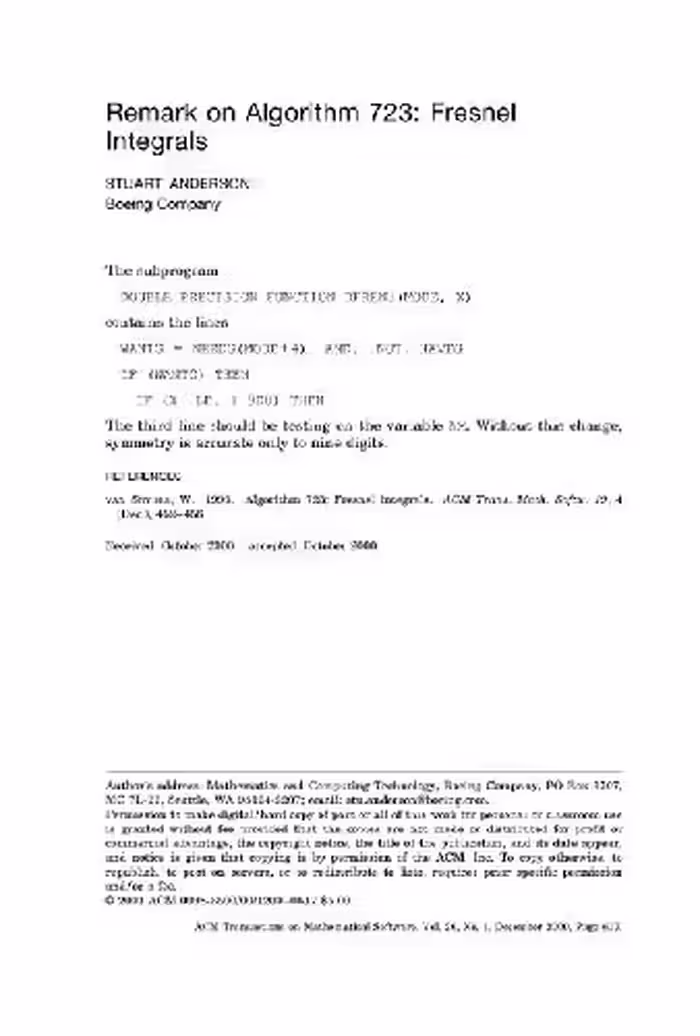 خرید و دانلود نسخه کامل کتاب Remark on algorithm 723 (Fresnel integral)