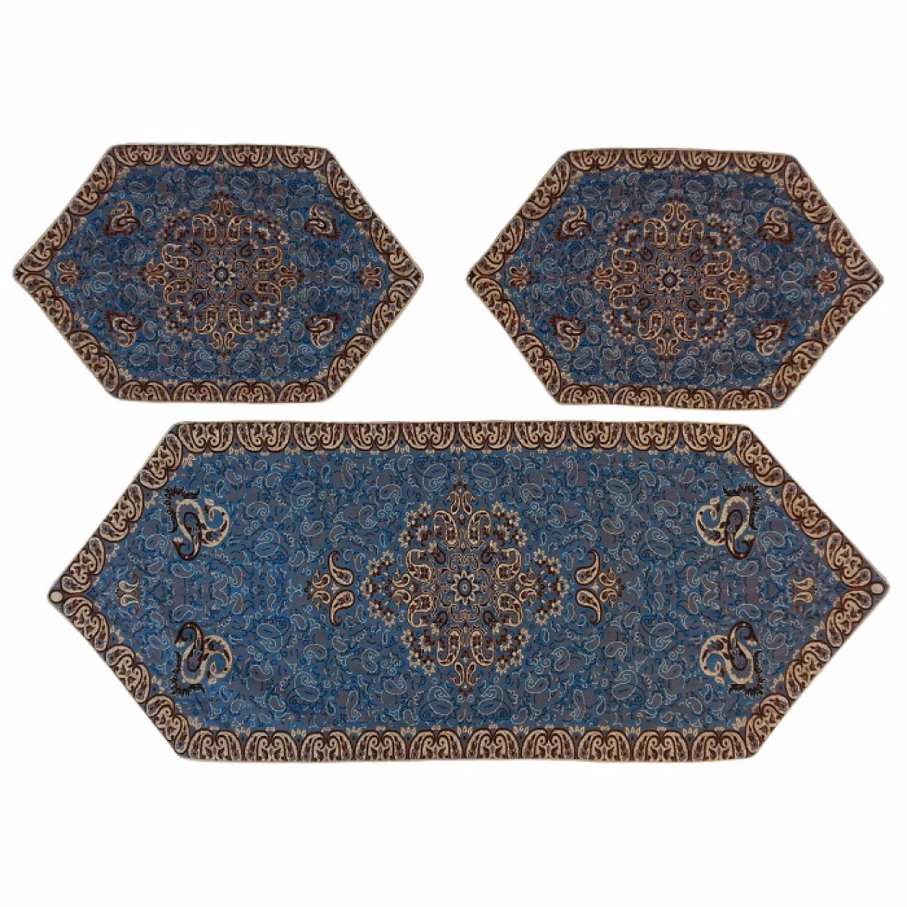 رومیزی سرویس ترمه ابریشم  کد TRSETE39  نفیس رنگ آبی  آستر آبی