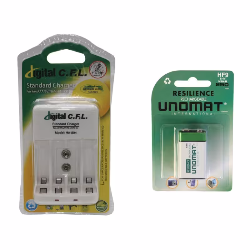 شارژر باتری سی‌اف‌ال مدل HA-804 به همراه باتری کتابی قابل شارژ یونومات HF9 250mah