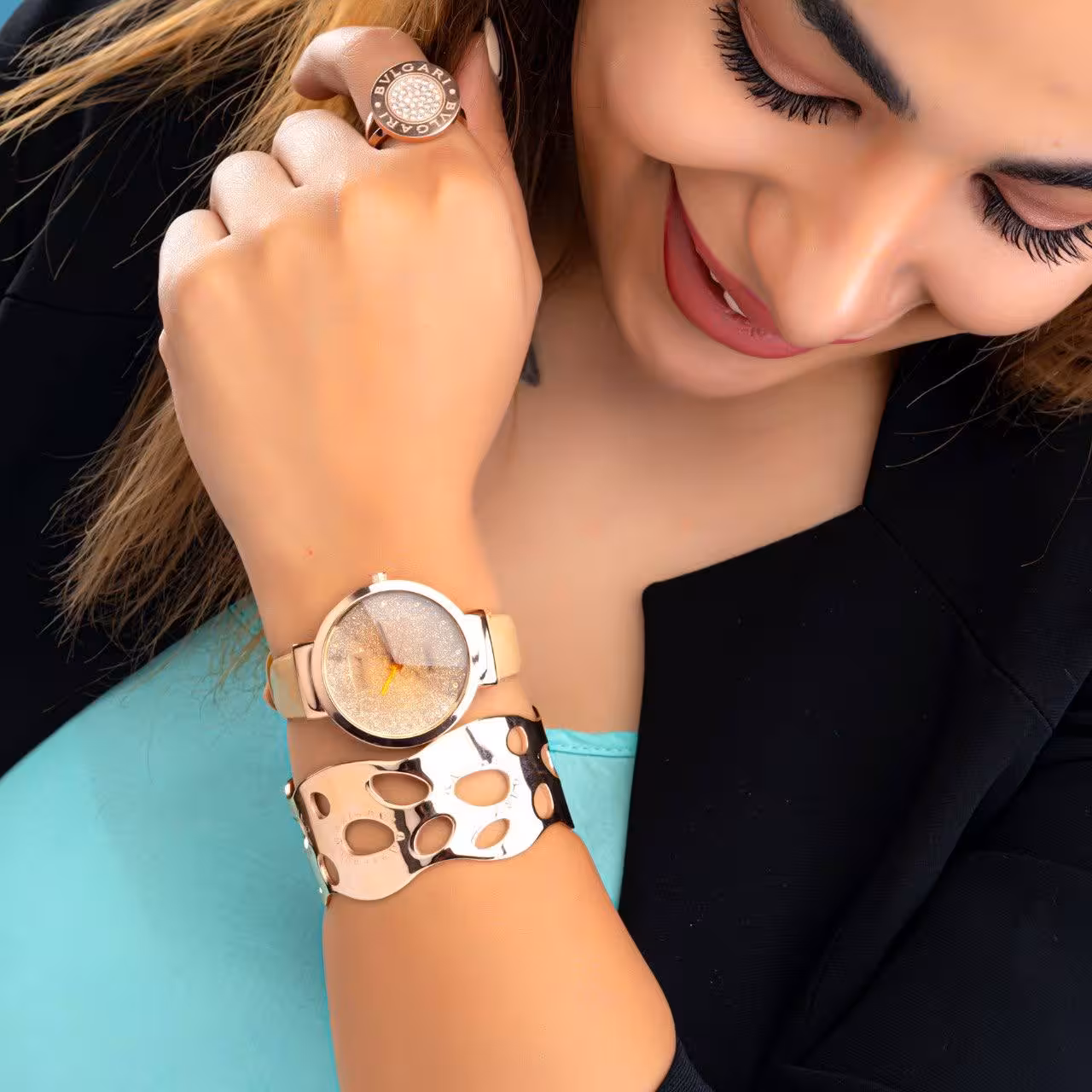 ست کامل ساعت شاین رزگلد با دستبند و انگشتر بولگاری