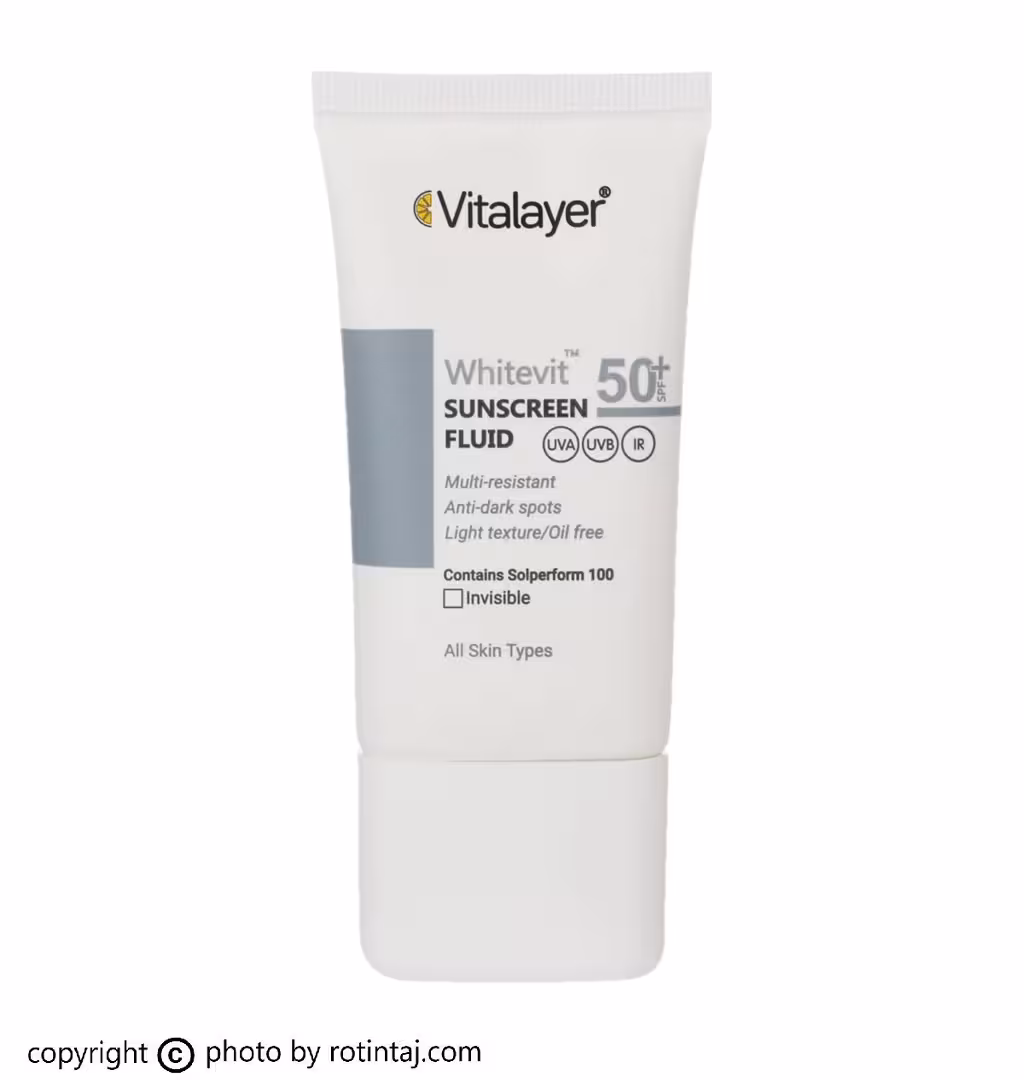 فلوئید ضد آفتاب وایت ویت بی رنگ SPF50 ویتالیر، فلوئید ضدافتاب پوست کدر و مستعد لک بی رنگ Whitevit ویتالیر 50 میلی