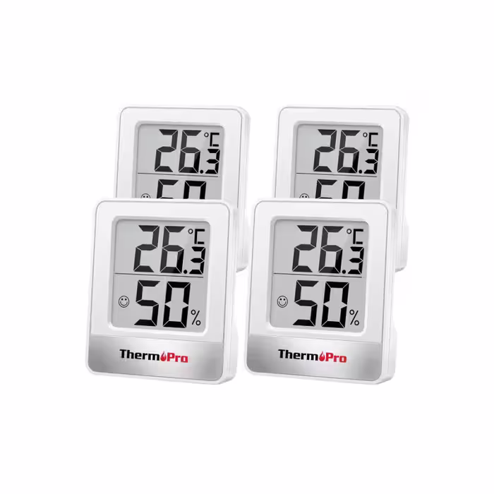 پک 4 عددی ترمومتر دیجیتال ThermoPro TP49W | اندازه‌گیری دما و رطوبت محیط داخلی | طراحی کوچک و قابل حمل | نمایش سریع و دقیق شرایط محیطی | ابزار کاربردی برای خانه، دفتر و محیط‌های آموزشی