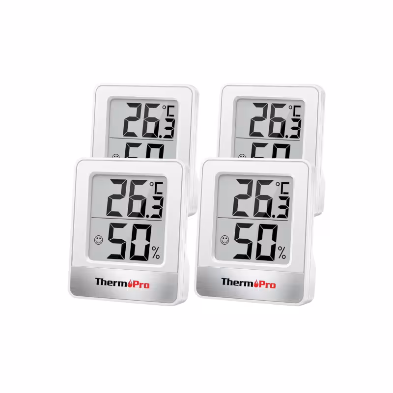 پک 4 عددی ترمومتر دیجیتال ThermoPro TP49W | اندازه‌گیری دما و رطوبت محیط داخلی | طراحی کوچک و قابل حمل | نمایش سریع و دقیق شرایط محیطی | ابزار کاربردی برای خانه، دفتر و محیط‌های آموزشی