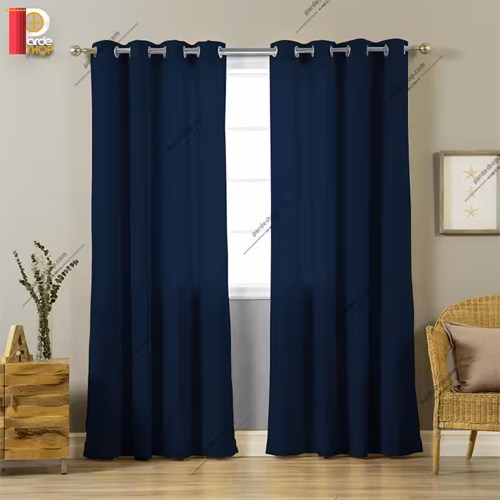 پرده پانچی کتان بافت‌دار سورمه‌ای