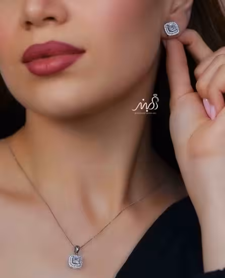 💍نیم ست  جواهری مربعی (آويز و گوشواره ) خاص و زیبا ، نقره عیار 925( N_4398)