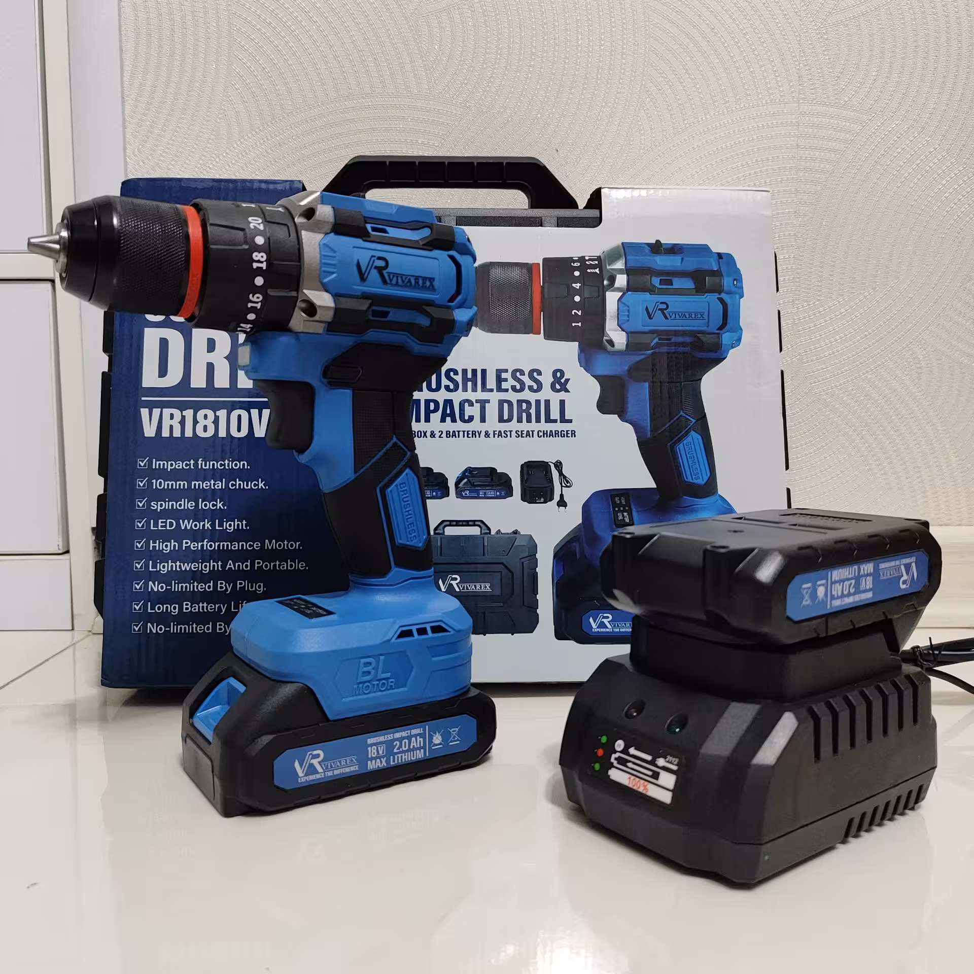 دریل شارژی چکشی موتور براشلس 21 ولت دوباتری ویوارکس مدل VR2102V-22BL پیچگوشتی شارژی همراه کیف و گارانتی 12 ماهه