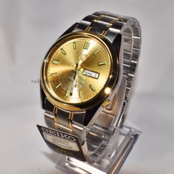 SEIKO 5 ساخت ژاپن سیکو موتور ژاپن دو رنگ ، درب استیل ، دو تقویم روز شمار و ایام با طراحی تقویمی ایام خاص لاتین و فارسی
