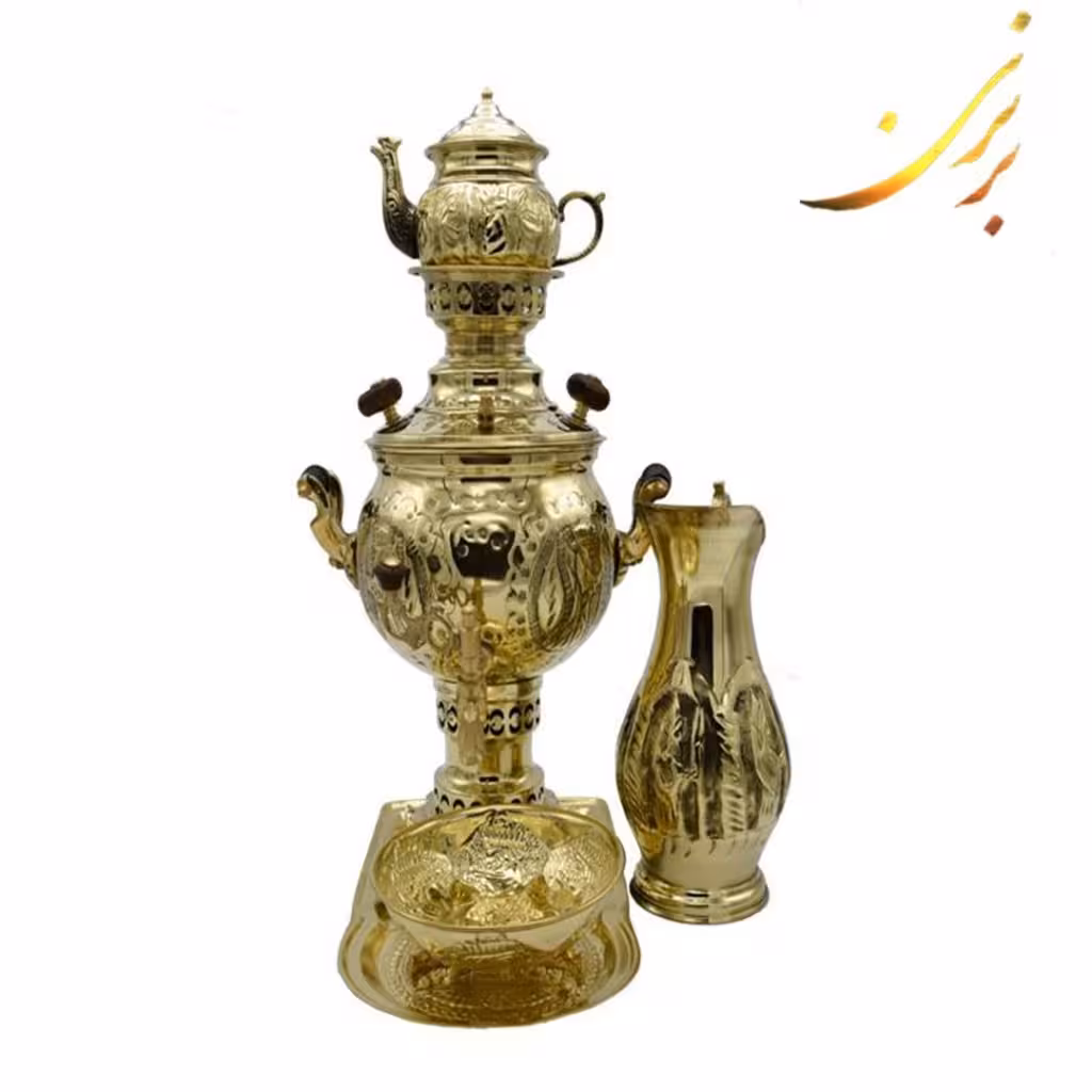 سماور برنجی شش لیتری قلم کاری همراه با سرویس