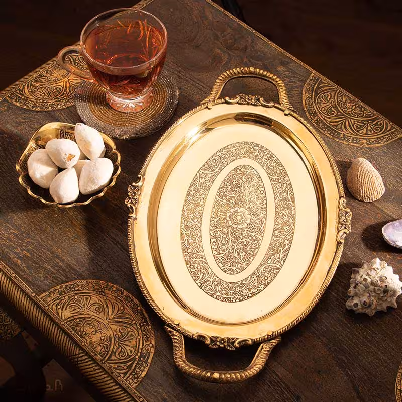 سینی برنجی آنتیک دسته دار بیضی سایز 1