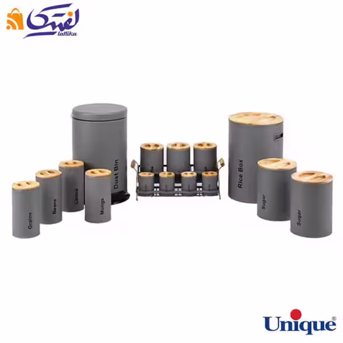 سرویس آشپزخانه UN-8052 یونیک 16 پارچه فیلی(طوسی) با درب بامبو