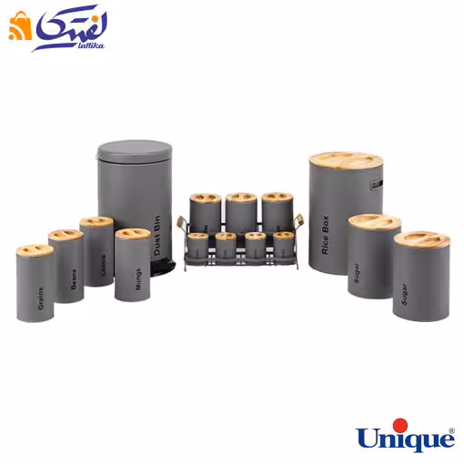 سرویس آشپزخانه UN-8052 یونیک 16 پارچه فیلی(طوسی) با درب بامبو