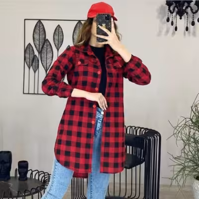 مانتو اسپرت زنانه نخی مدل مانتو اسپرت چهارخانه نخی لطیف درجه یک قرمز