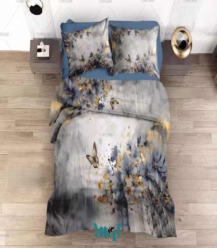 روتختی آبی طوسی دونفره طرح پروانه کد d550
