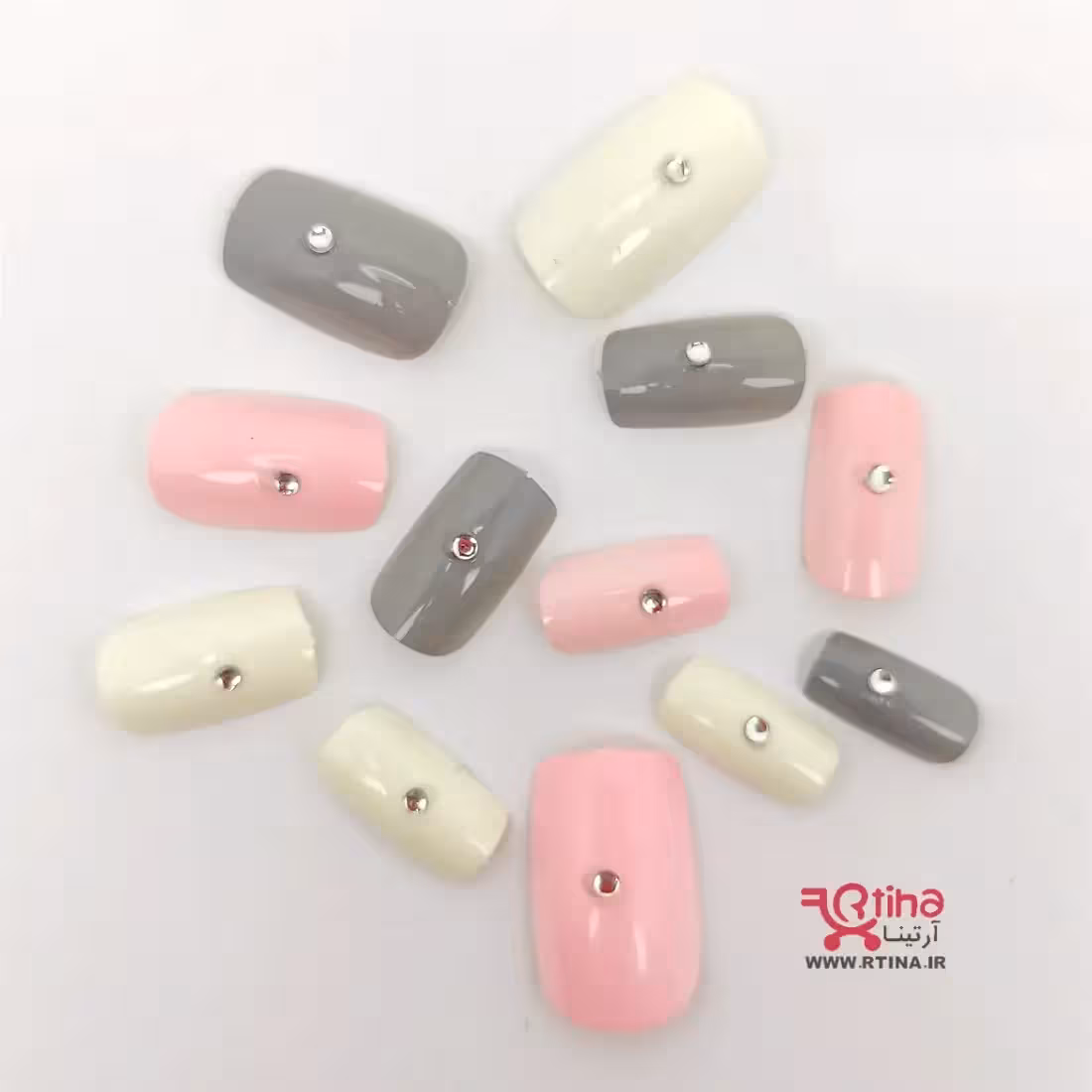 ناخن مصنوعی زنانه دخترانه نگین دار | سه رنگ (سفید خاکستری صورتی)