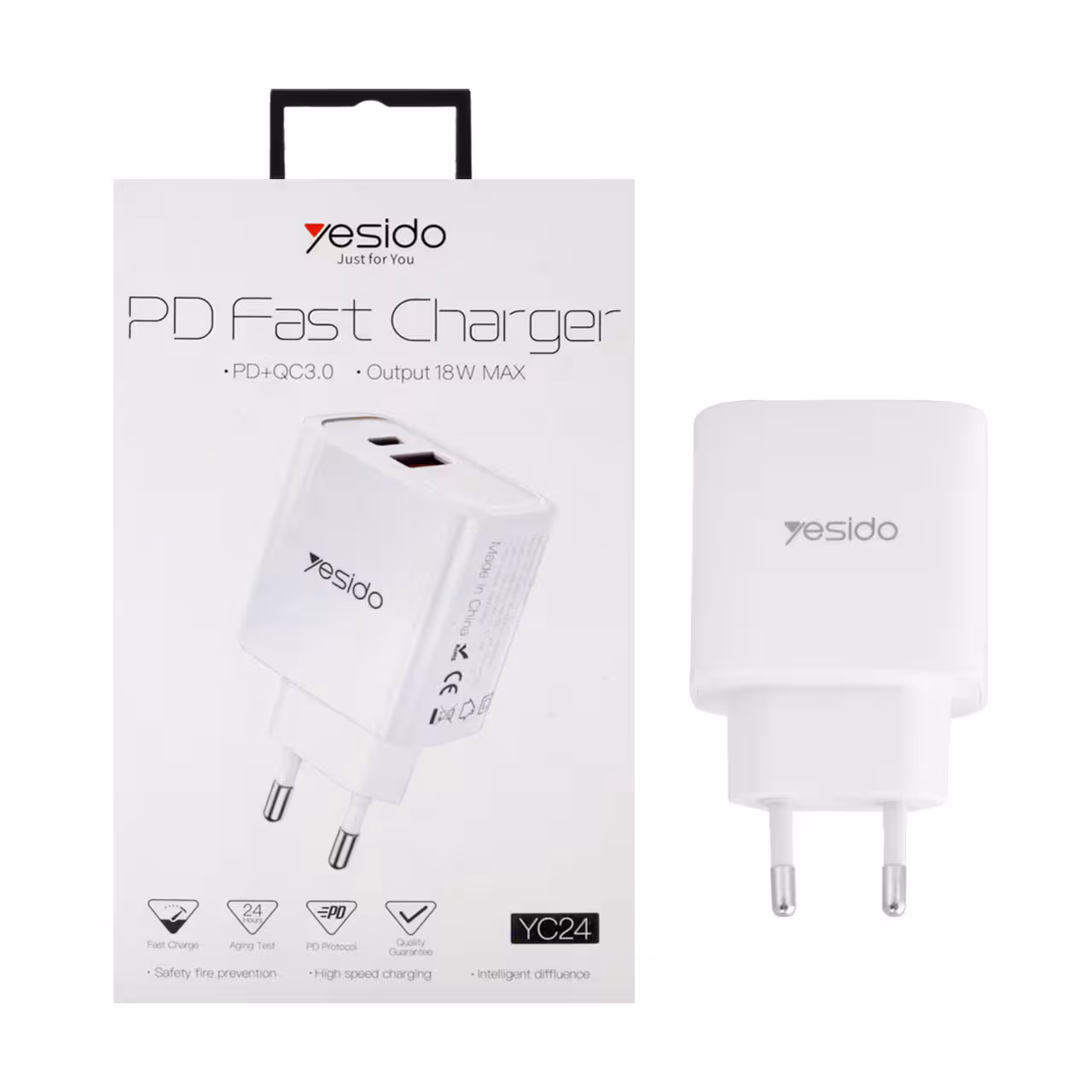 شارژر دیواری فست شارژ یسیدو YESIDO YC24 توان 18 وات