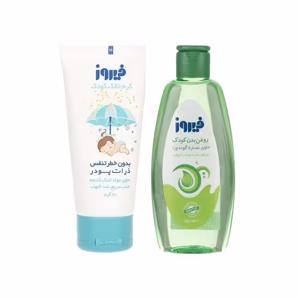 کرم خنک کننده و ضد التهاب کودک فیروز مدل Talc وزن 70 گرم و روغن بدن کودک فیروز مدل آلوئه ورا وزن 200 گرم