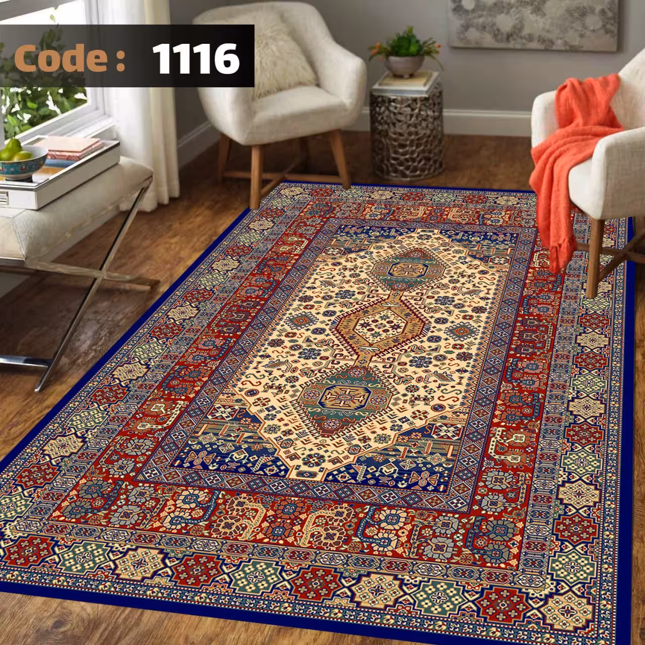 کاورفرش روفرشی دورکشدار گوشه لیفه ای لاکی ، آبی و متنوع کد 1116