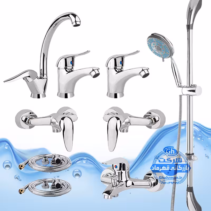 ست 9 عددی شیرآلات برند آیدا صنعت مدل قهرمان اردکی | شیر ظرفشویی   دو عدد شیر روشویی   شیر حمام   دو عدد شیر توالت   علم دوش یونیکا   دو عدد شلنگ توالت | کروم براق