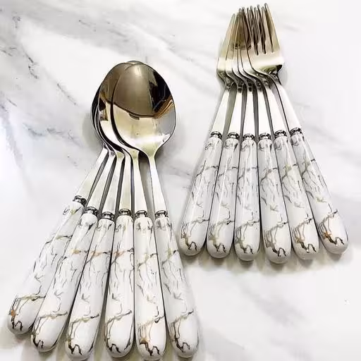 قاشق و چنگال طرح ماربل دسته سرامیکی سفید