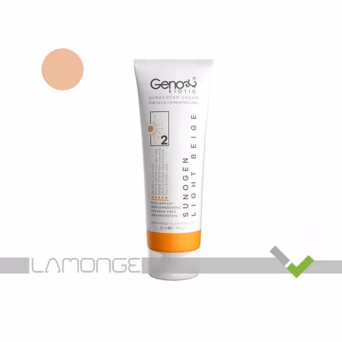 کرم ضد آفتاب SPF50 بژ روشن ژنوبایوتیک مناسب پوست چرب و مختلط شماره 2 حجم 50 میلی لیتر