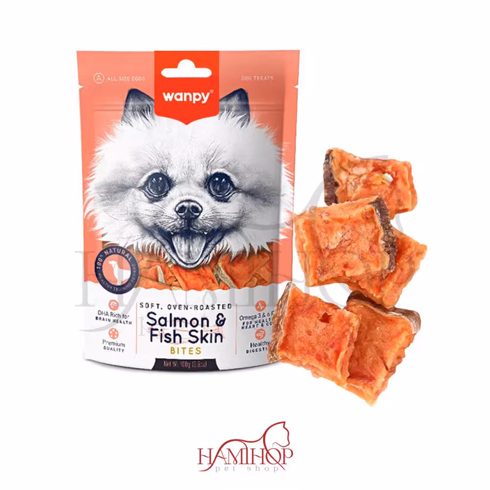 تشویقی سگ ونپی با طعم سالمون Wanpy Salmon Fish Skin Bitess وزن 100 گرم