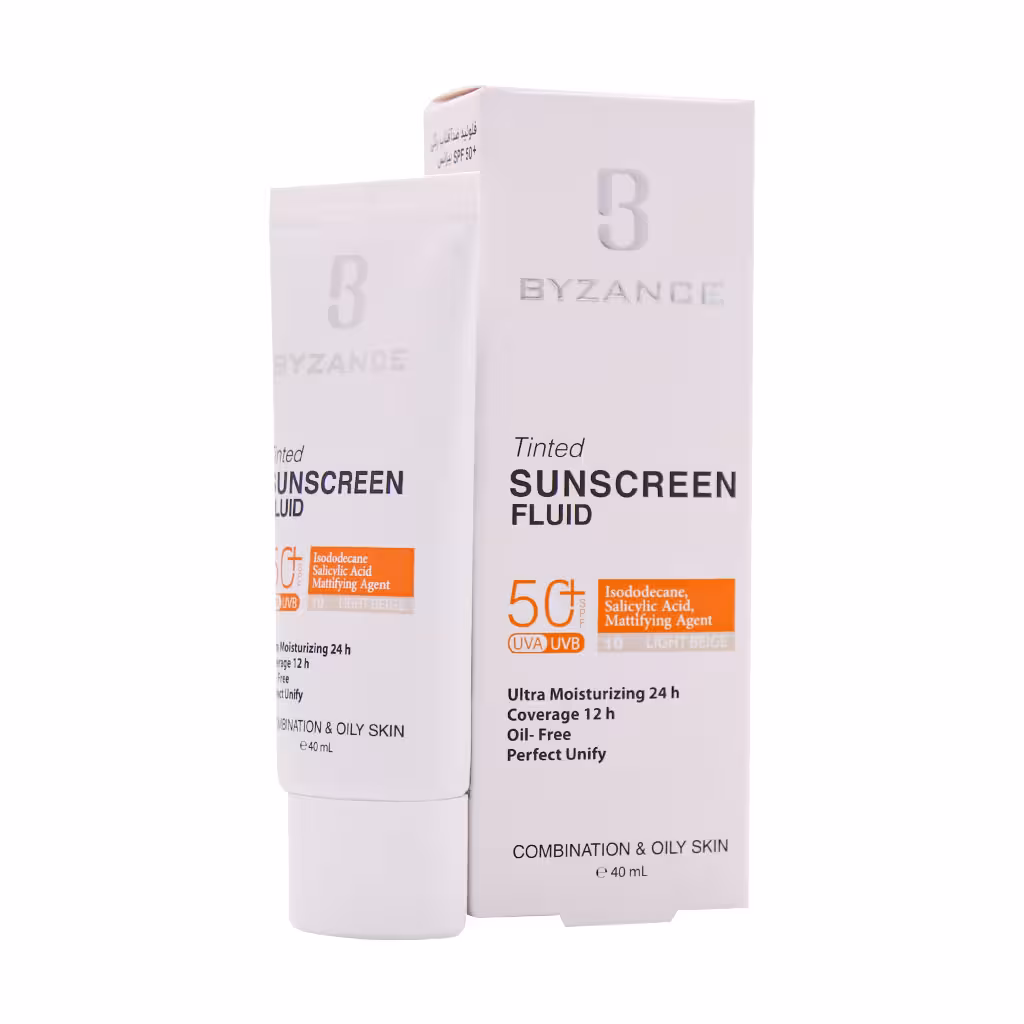 فلوئید ضد آفتاب رنگی بژ طبیعی مناسب پوست چرب بیزانس BYZANCE HIGH SUN PROTECTION FLUID FOUNDATION SPF50