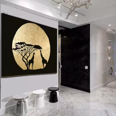 تابلو نقاشی ورق طلا طرح زرافه و ماه کد 0034