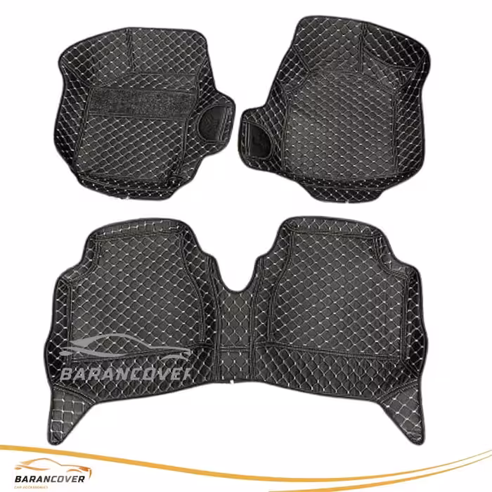 کفپوش گلدوزی 6 بعدی موکت دار پراید 131-132 رنگ مشکی دوخت سفید