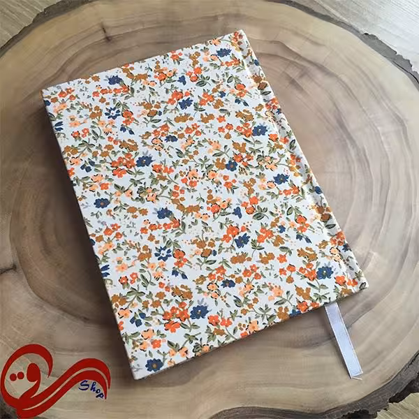 دفتر پارچه ای جیبی ساده گل نارنجی زمینه سفید Fabric Handmade Notebook
