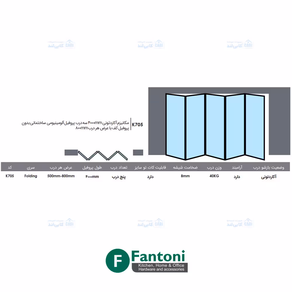 مکانیزم آکاردئونی 4000mm پنج درب پروفیل آلومینیومی ساختمانی بدون پروفیل کف با عرض هر درب حداکثر 800mm فانتونی K705