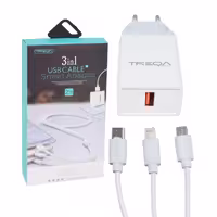 شارژر تک پورت ترکا Treqa همراه کابل سه سر اندروید، آیفون و Type-C مدل CS-214