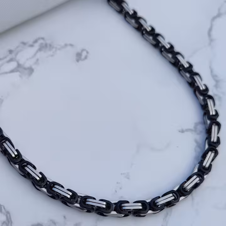زنجیر استیل مردانه براق بیزانس مشکی نقره ای