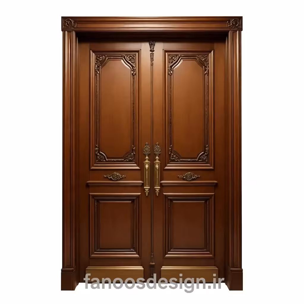 درب دو لنگه چوبی کلاسیک با منبت‌کاری سلطنتی و قاب ستون‌دار کد 30362