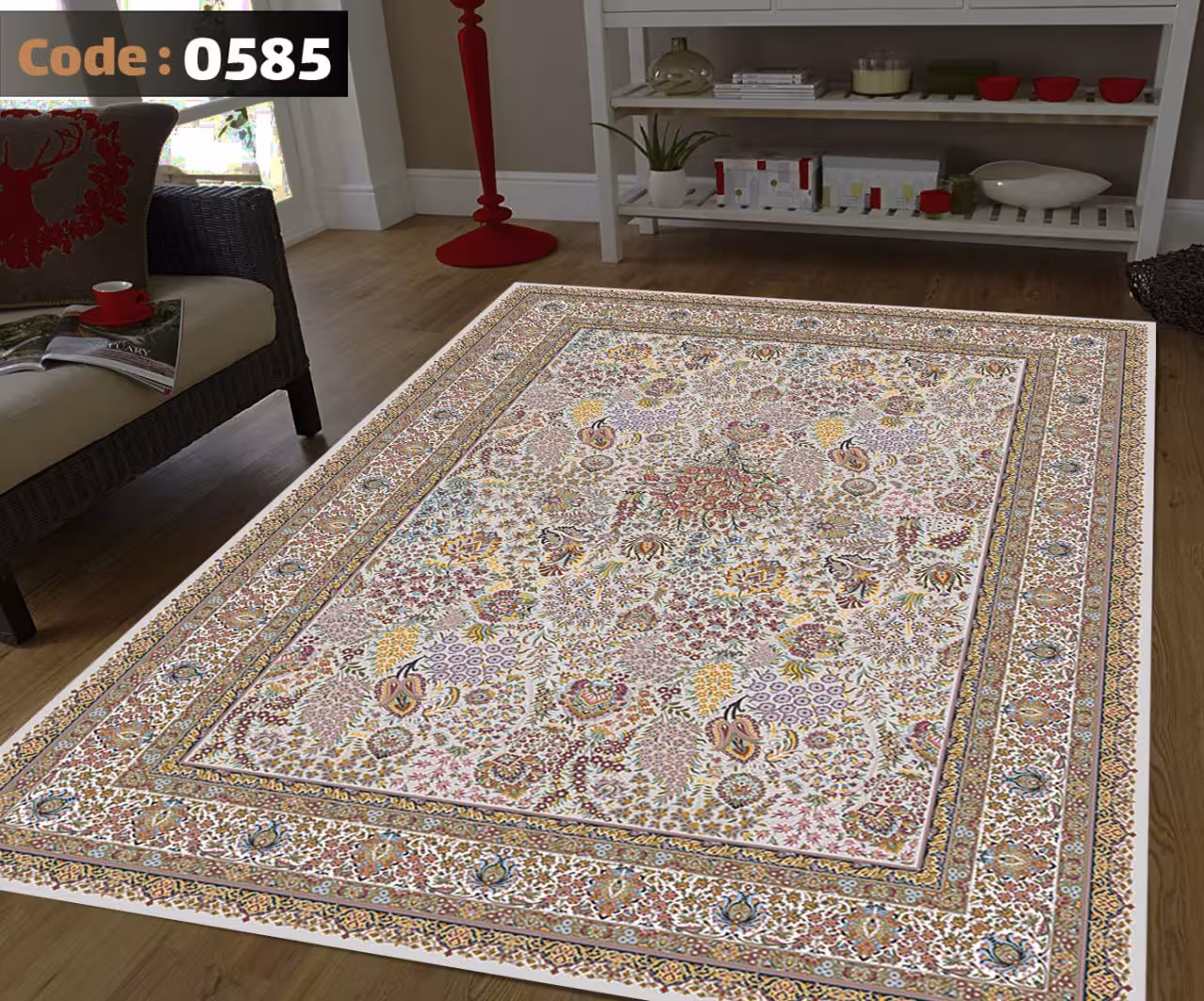 کاورفرش روفرشی دورکشدار گوشه لیفه ای کرم  قهوه ای کد 0585